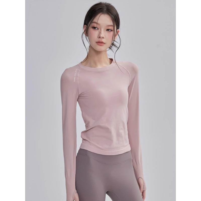 瑜伽服上衣女新款圆领普拉提健身长袖修身显瘦跑步运动速干T恤薄