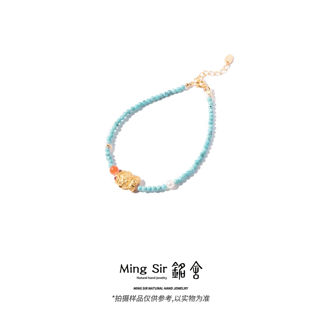 【铭舍】原矿绿松石手链小米珠2.5mm左右小鱼设计款