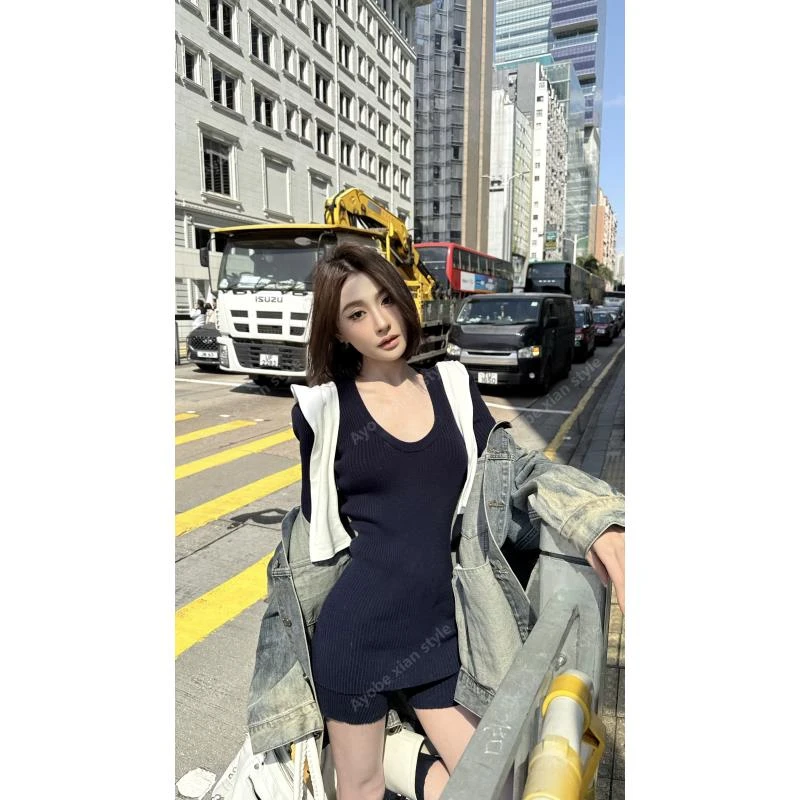 AYOBE小贤/时髦精出街！藏青色针织套装~温柔纯欲修身懒人百搭实穿