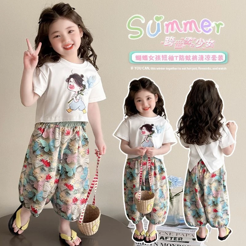 女童中小童短袖休闲套装时髦洋气卡通女孩碎花裤子甜美儿童两件套