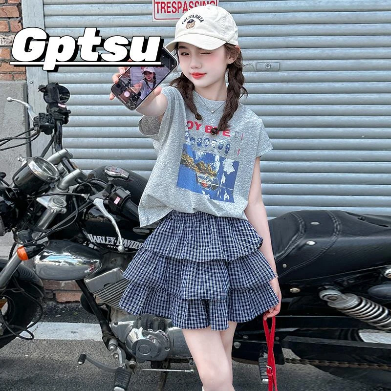 GPTSu女童夏季美式复古套装2025年新款女孩大童火装儿童好看衣服