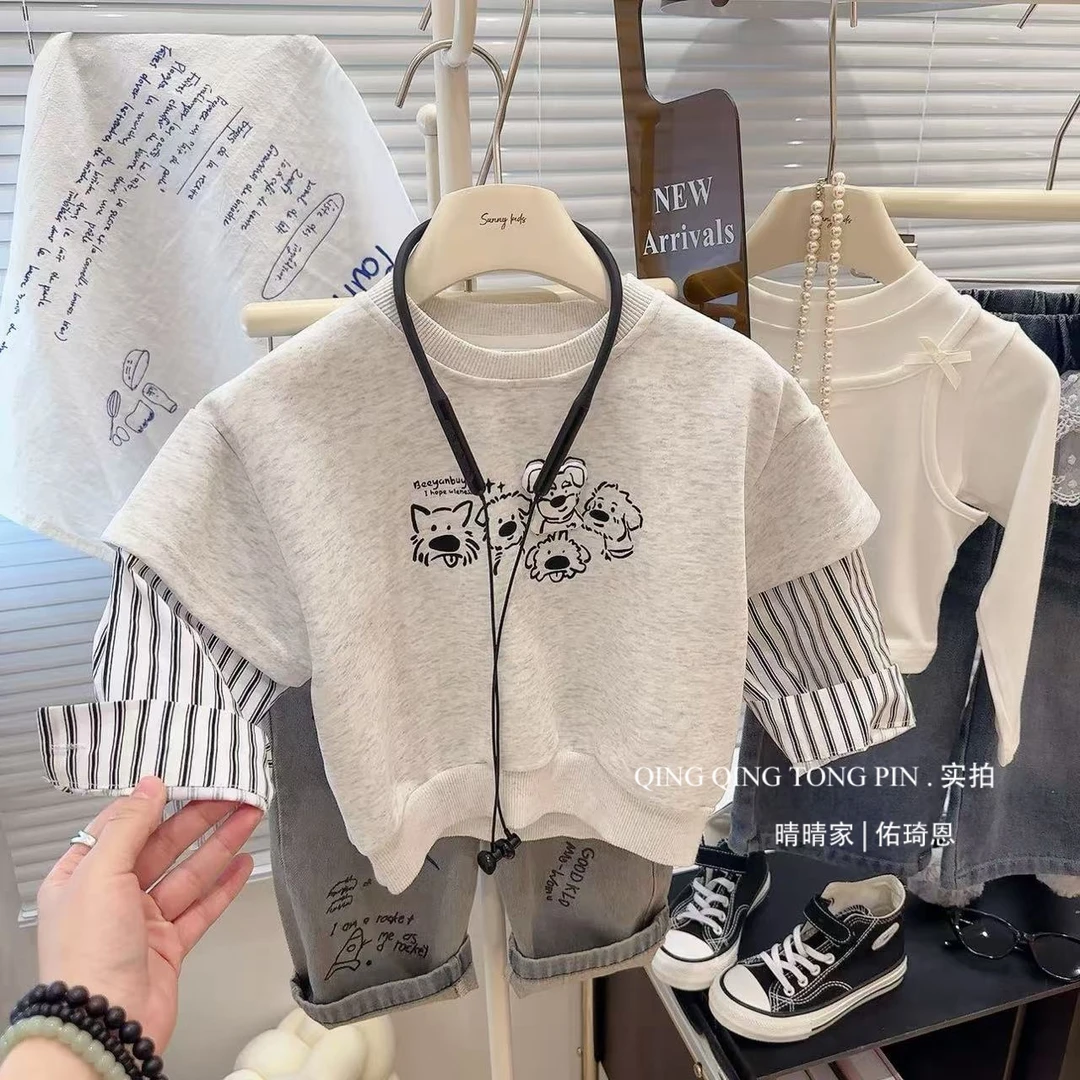 2025新款简韩百搭卡通涂鸦拼接条纹假两件T恤打底衫