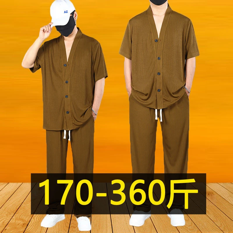 夏季凉感休闲套装男士V领短袖加肥加大码胖子纯色开衫长裤两件套
