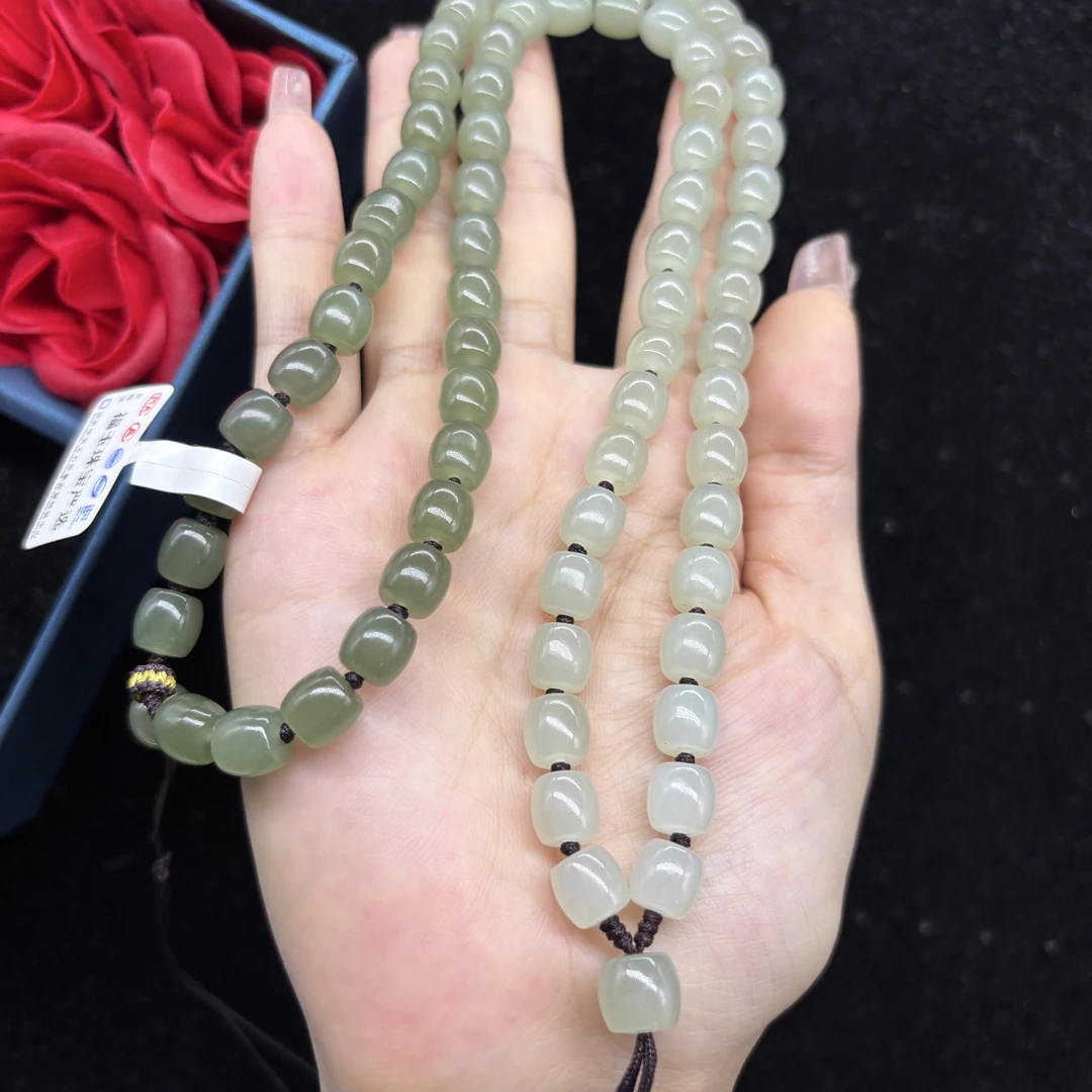 保真天然和田玉渐变湖水绿直切桶珠8mm玉石珠链挂件绳长链毛衣链