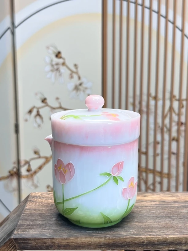 手绘陶瓷冰种郁金香旅行茶具便携快客杯适合家用户外露营茶杯带盖