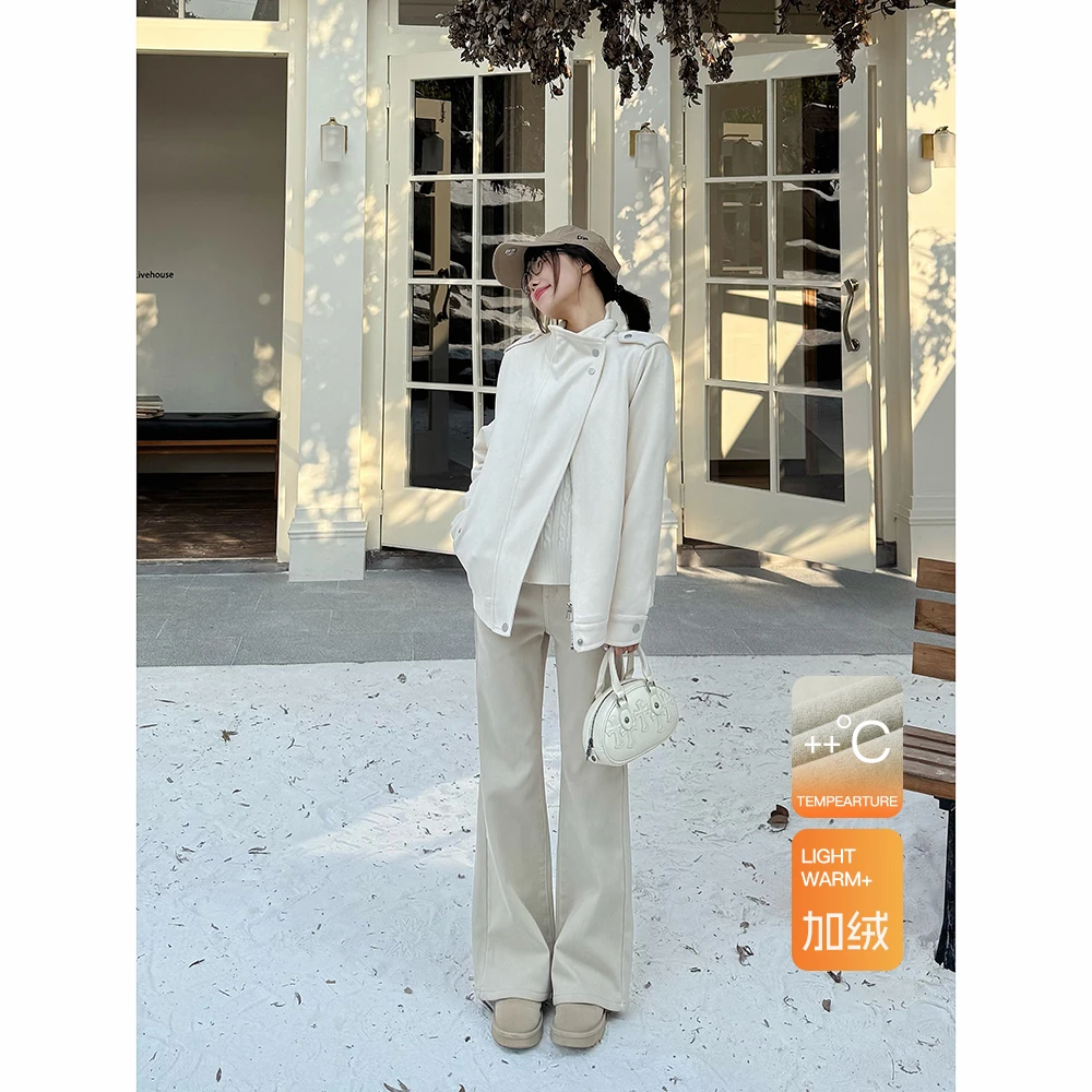 王家有鱼秋冬爆款【暖冬氛围】加绒浅卡其色高腰微喇牛仔裤显瘦女款