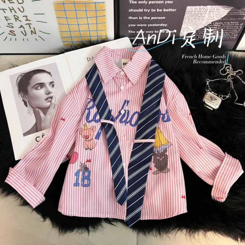 〖ANDI〗安迪订制秋季新款女童中大童时尚卡通字母条纹领带衬衫5010