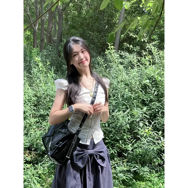 设计感衬衫短袖蕾丝泡泡袖衬衣上衣格纹大蝴蝶结a字中裙半身裙女