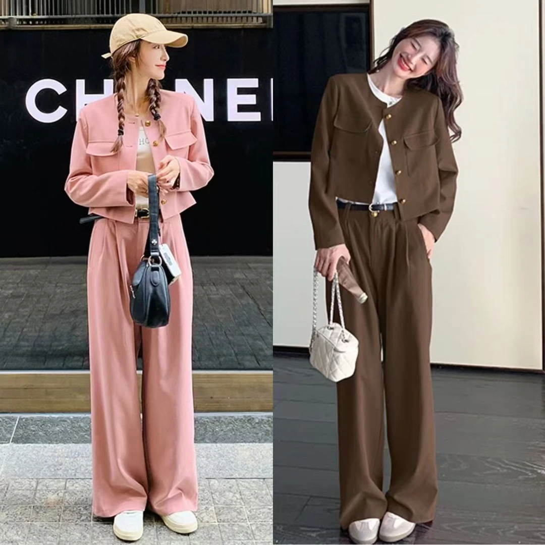 气质套装#3216通勤小香风春秋韩系长袖外套直筒裤两件套洋气