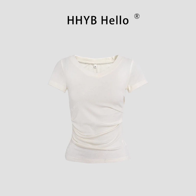 HHYB Hello2025春夏新款纯色修身显瘦V领收褶短袖T恤上衣250096