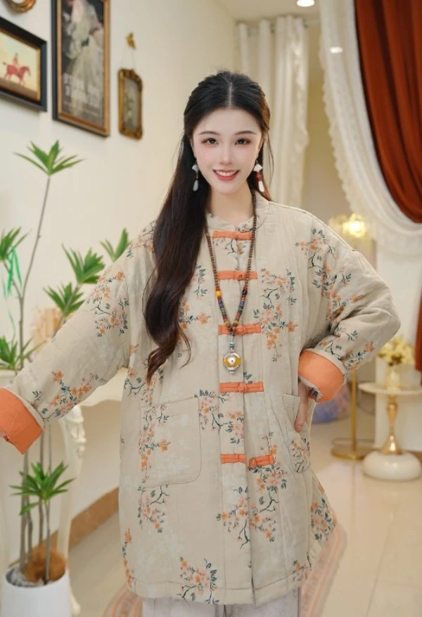 2025复古国风立领盘扣夹棉棉服冬季新款撞色印花棉袄女士外套