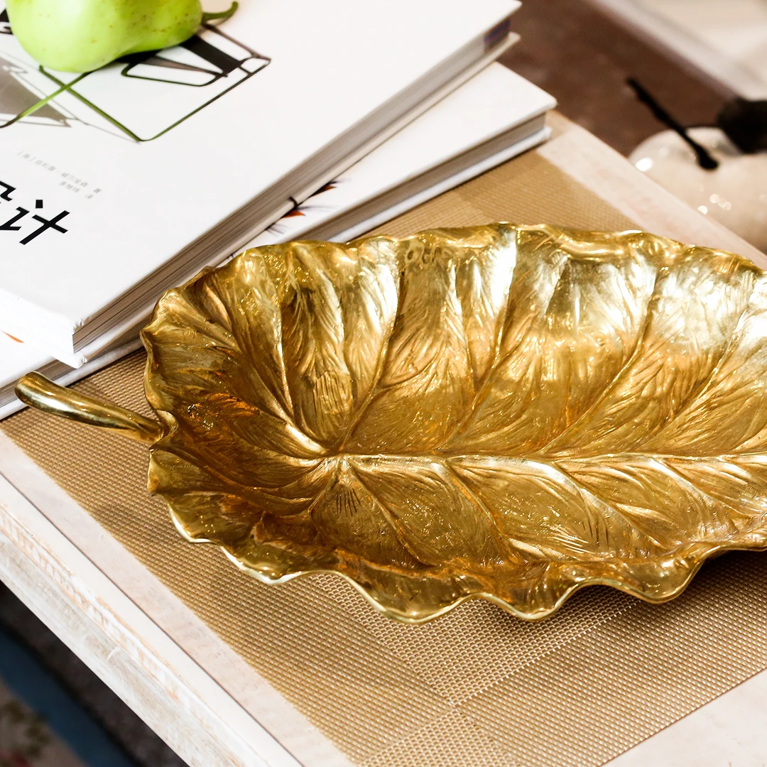 【本尼家】GY158欧式复古黄铜托盘叶子创意摆件轻奢金色盘子