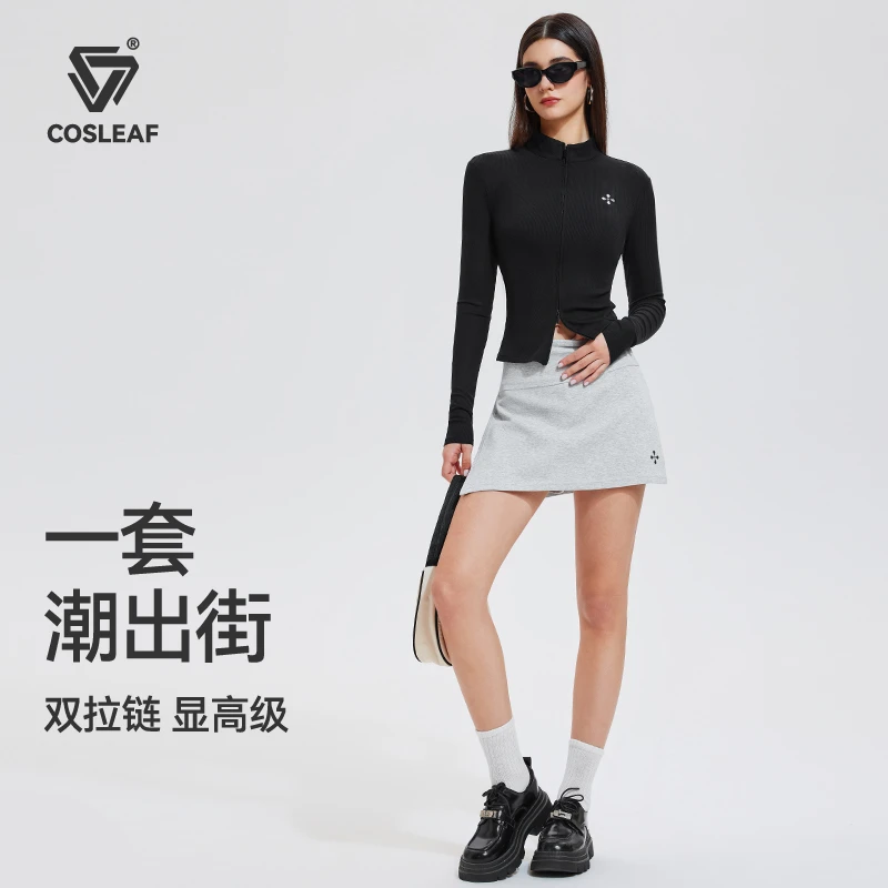 【莱赛尔】cosleaf/科里芙修身显瘦透气裸感立领健身服运动短裙套装