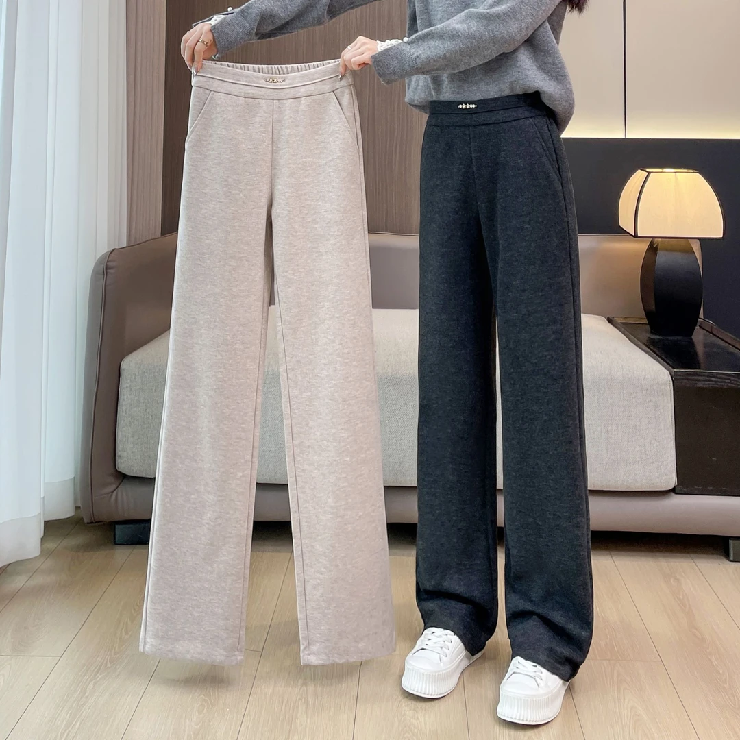毛呢阔腿裤女秋冬季窄版垂感糯米高腰女裤加绒加厚直筒休闲长裤