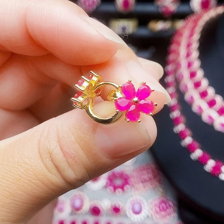 红宝石耳饰银S925镶嵌