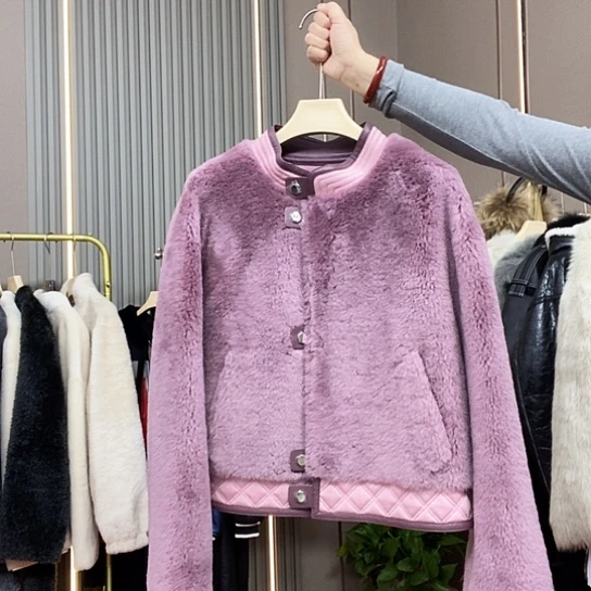 羊毛外套香芋紫立领