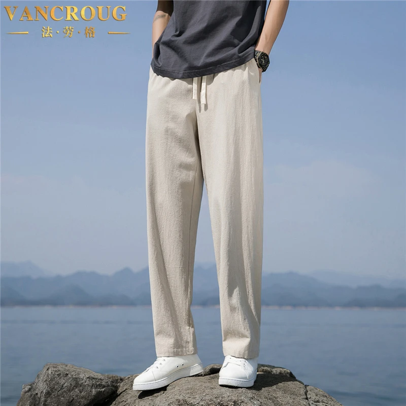 VANCROUG/法劳格休闲裤男士夏季薄款棉麻夏天休闲凉快i宽松直筒裤