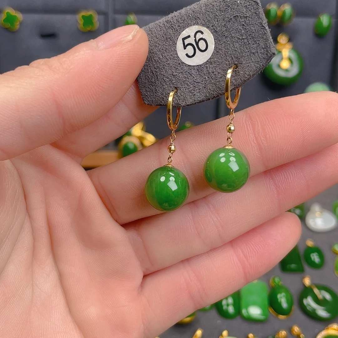 和田玉（碧玉）18K金镶嵌耳饰56