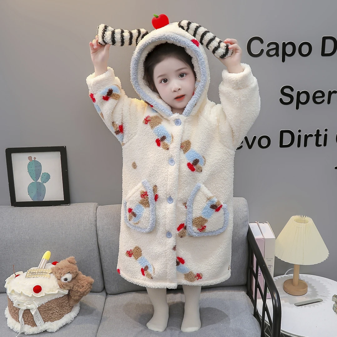 儿童睡袍秋冬加厚女孩宝宝冬季可爱家居服冬天女童珊瑚绒睡衣连帽