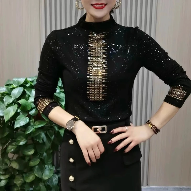 秋冬新款时尚半高领烫钻长袖打底衫大码遮肚子减龄洋气上衣妈妈装