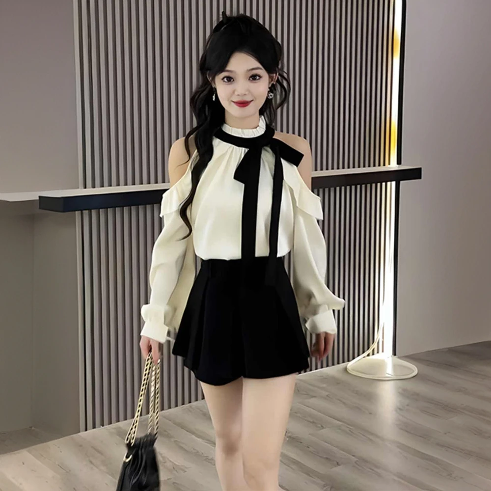 法式蝴蝶结设计感露肩长袖衬衫黑色半身裙两件套女秋季搭配一整套