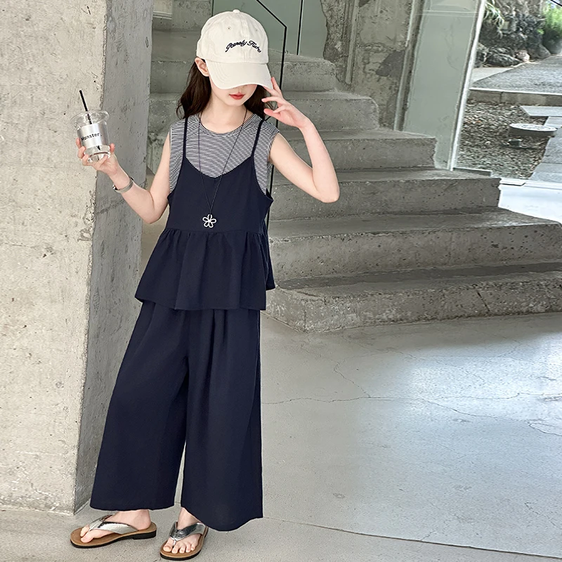 女童套装夏装新款中大童洋气韩版条纹T恤吊带阔腿裤三件套女孩潮
