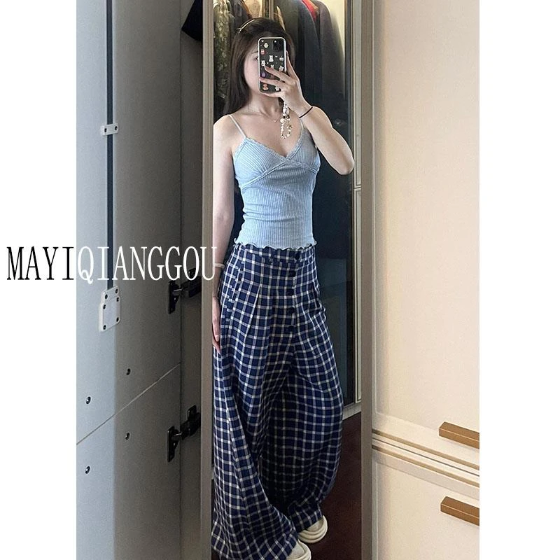 雪千羽赵露思同款慵懒格子拖地裤百搭宽松垂感遛弯休闲直筒长裤女