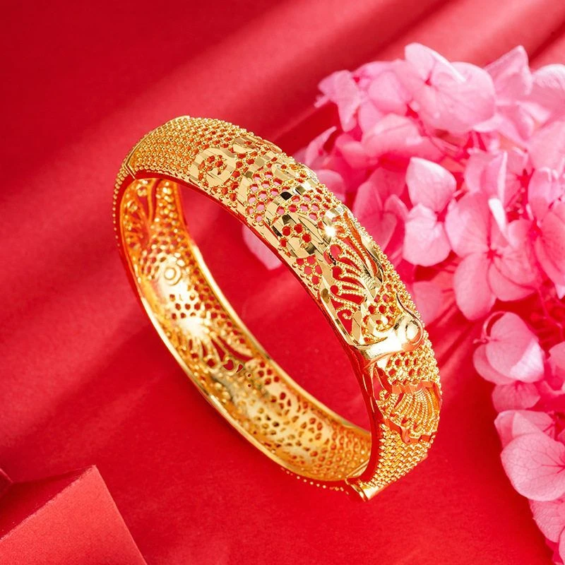 黄铜手镯 铜镀金凤凰古法卡扣久掉色宽边手镯镂空新款镯子金色