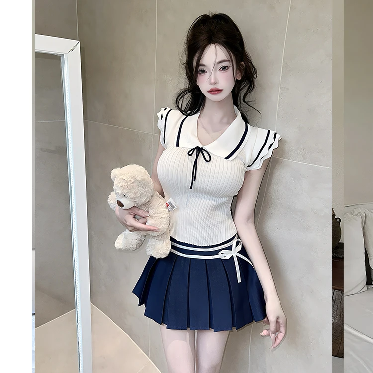 纯欲学院风jk制服工衣套装小个子辣妹小飞袖针织上衣百褶裙两件套