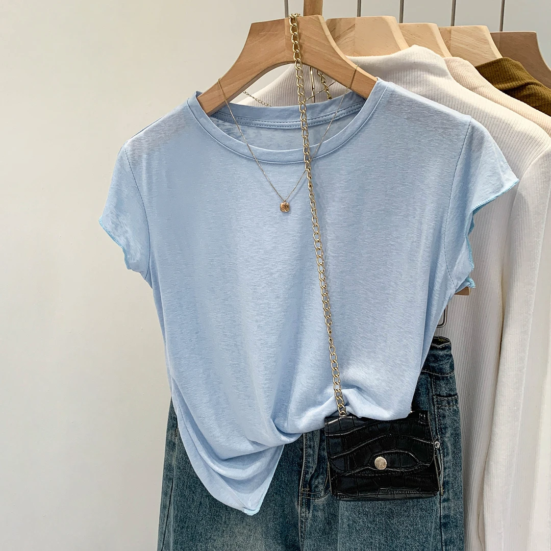 夏季2025新款圆领休闲短袖女薄款雪花短款T恤小众设计感打底上衣