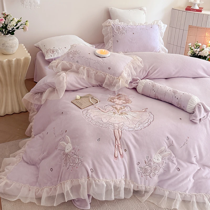 少女心芭蕾女孩可爱公主风牛奶绒四件套加厚保暖珊瑚绒被套罩床单