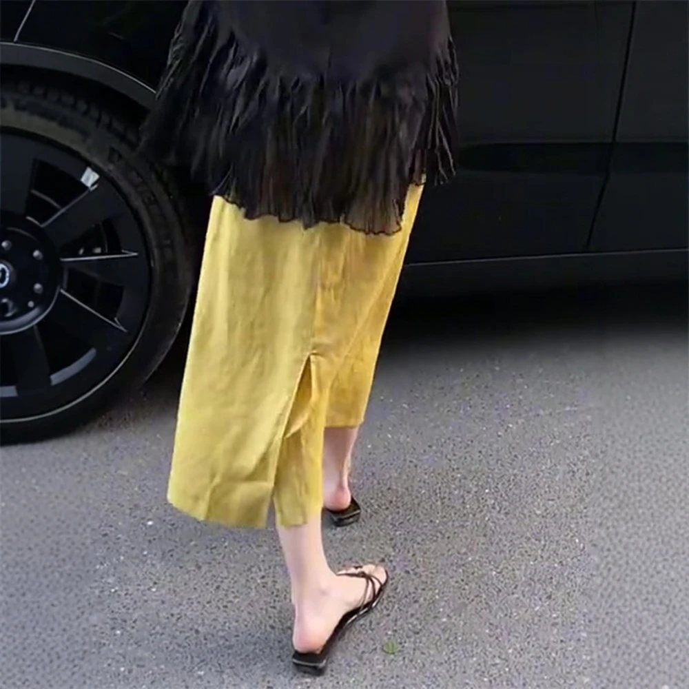 超好看黄色亚麻半身裙长款女夏季小个子开叉直筒垂感a字棉麻裙子