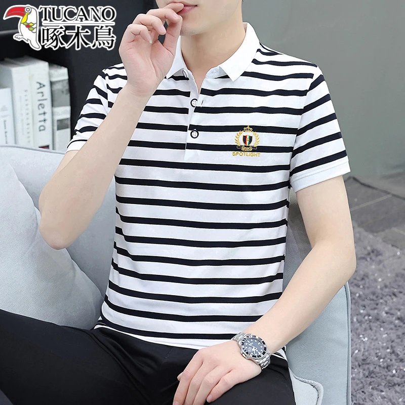 2025新款条纹夏季短袖T恤男95棉POLO衫潮流休闲商务翻领上衣体恤