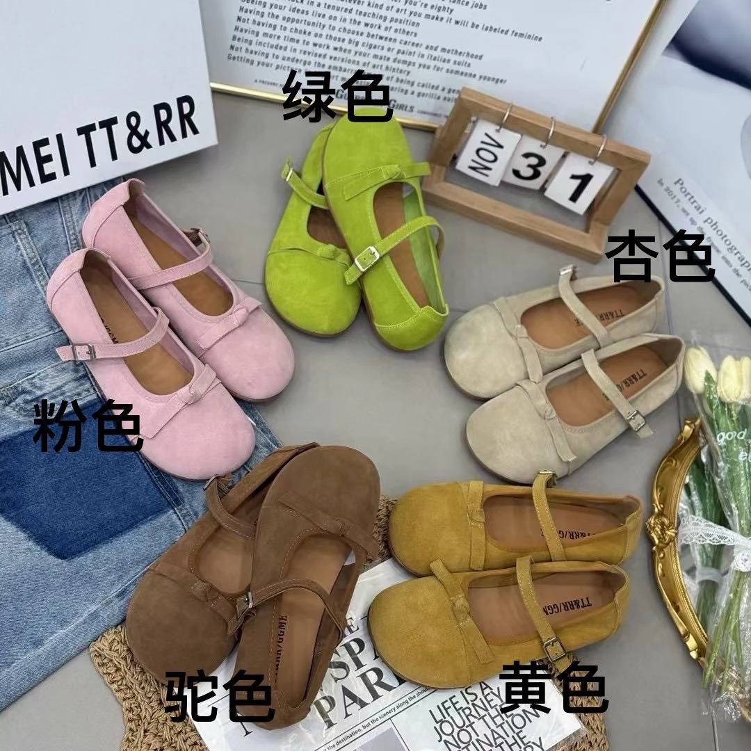 68163磨砂皮平跟鞋子时尚女鞋绿色浅口驼色圆头杏色玛丽珍鞋单鞋