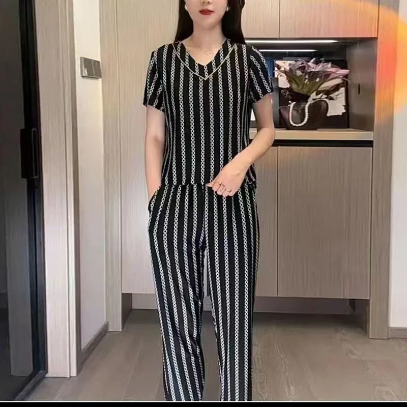 9216-妈妈装新款夏季时尚条纹遮肉显瘦宽松舒适套装【F仓】