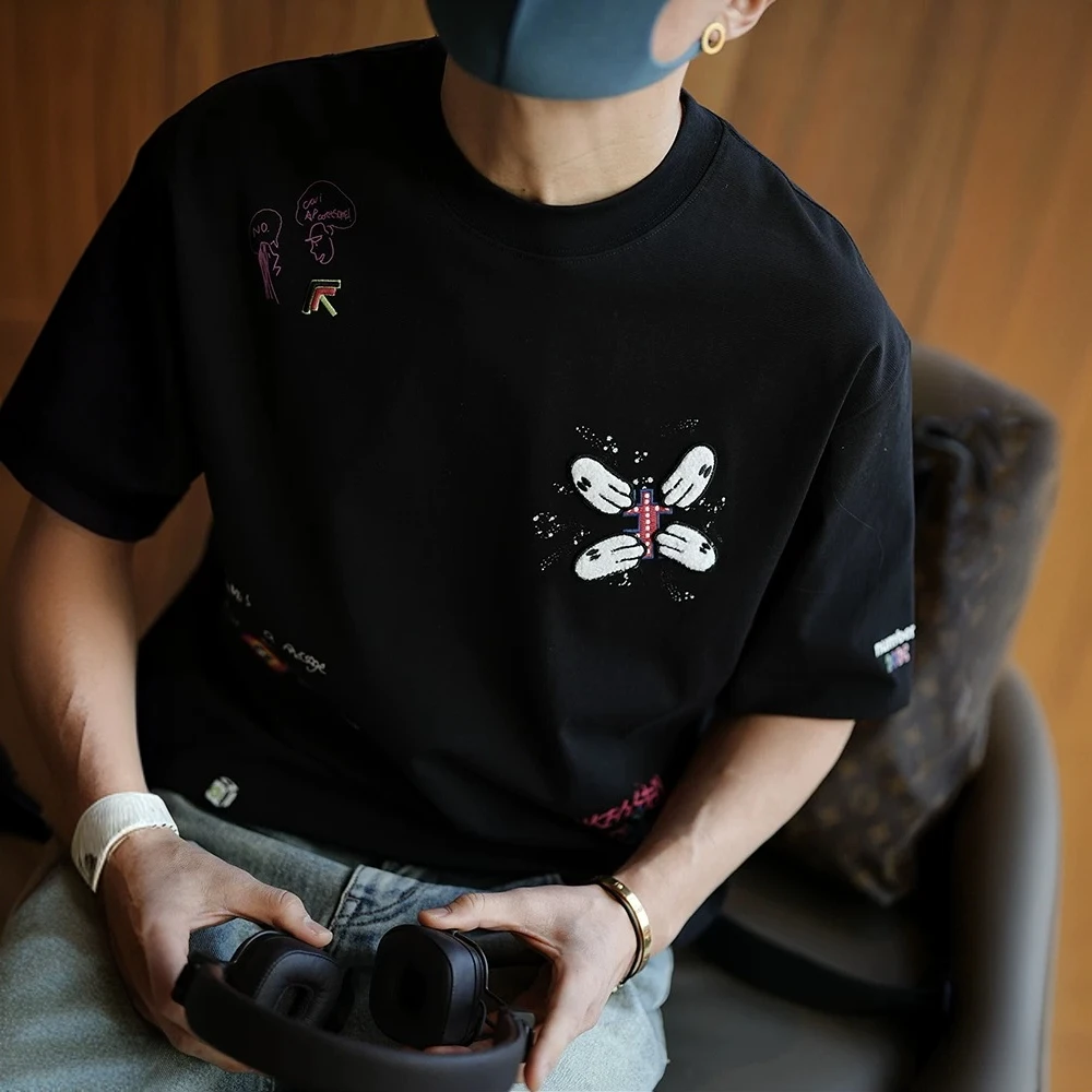 原创设计简约刺绣字母印花短袖t恤男夏季新款潮牌ins时尚圆领上衣