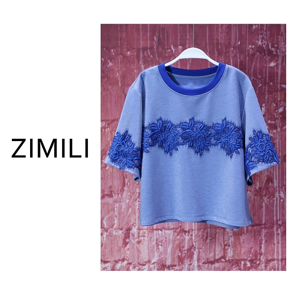 【亮哥女装】2025夏季轻薄透气凉感怀旧蓝蕾丝贴布绣休闲T恤8225