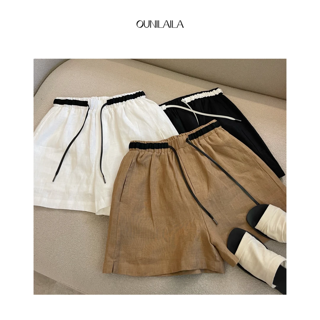 欧尼家【山川短裤】撞色腰头夏季松紧腰短裤女士时尚休闲裤DK6335N