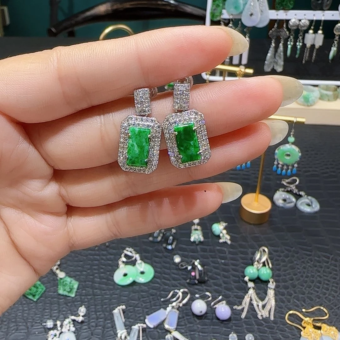 翡翠银S925镶嵌耳饰琳****n天然缅甸a货翡翠