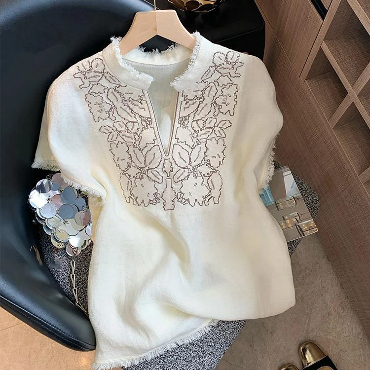 新中式v领刺绣亚麻短袖T恤女2025夏季新款小众设计感百搭显瘦上衣
