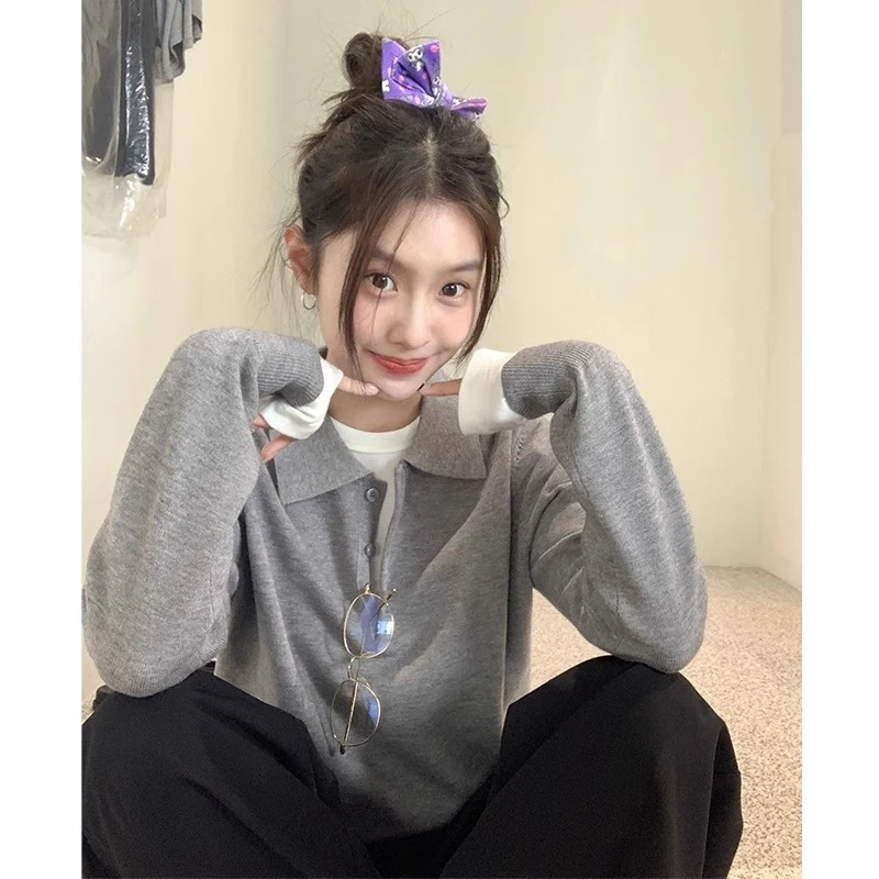韩系减龄纯色Polo领针织衫女2025春秋慵懒风百搭修身翻领长袖上衣
