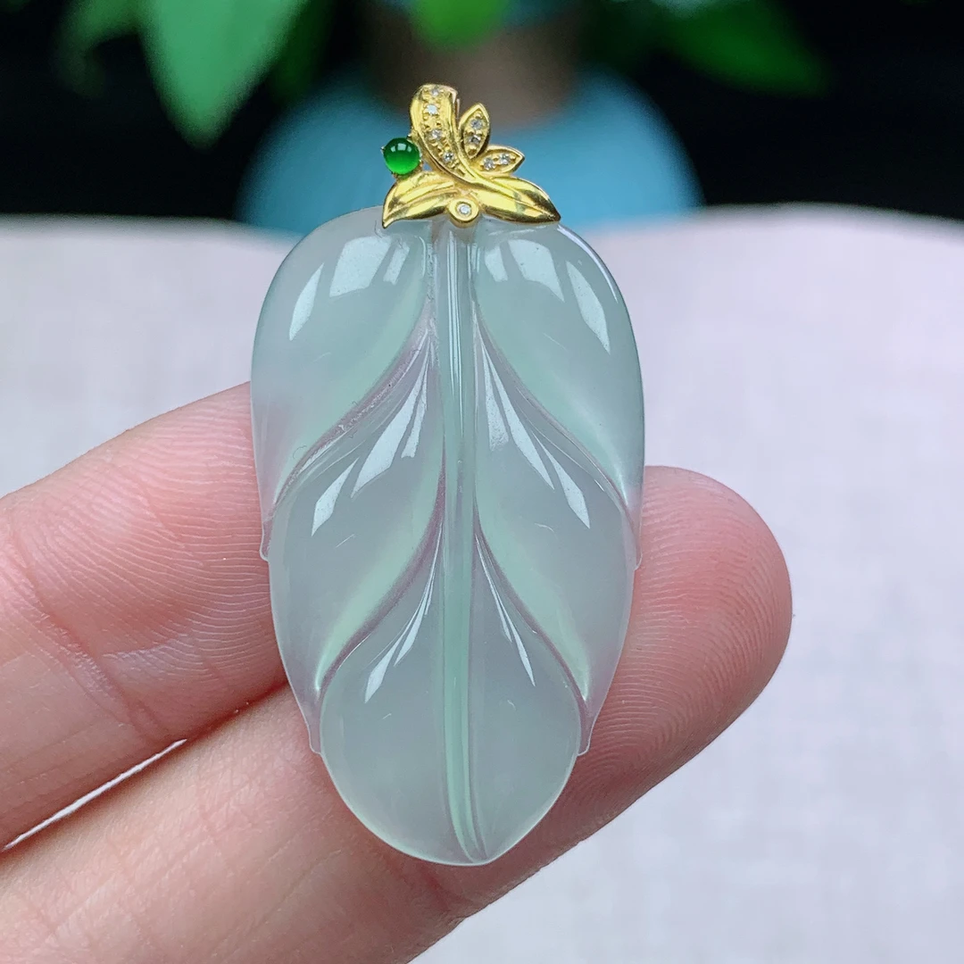 l缅甸天然翡翠A货39-19.8-4玉石老坑冰种晴水叶子吊坠冰透女士