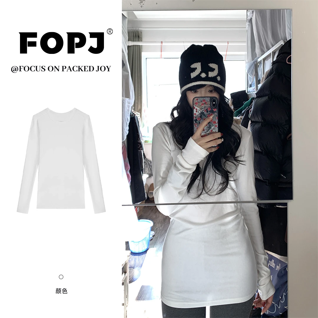 FOPJ春秋韩版时尚圆领白色修身显瘦百搭长袖纯色德绒保暖打底上衣