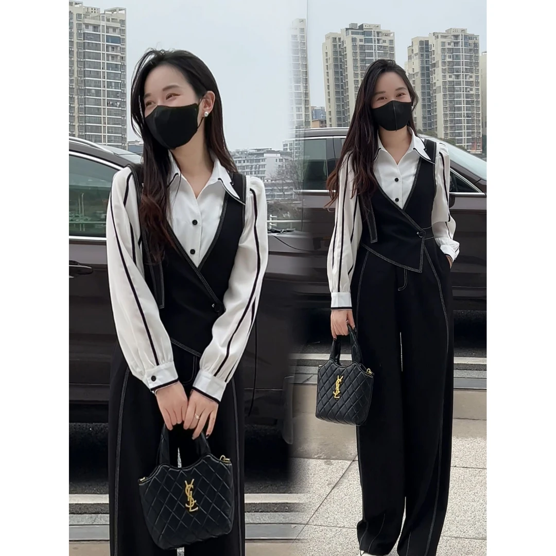 撞色拼接设计翻领长袖衬衫通勤直筒长袖条纹时尚感上衣女2025