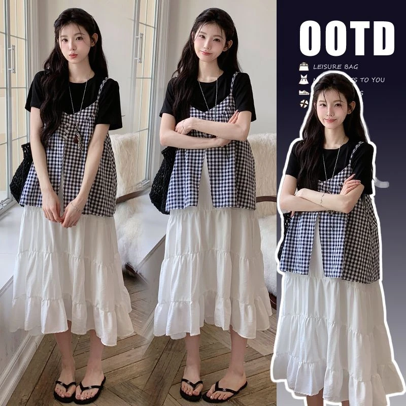 【枫丽】2025夏季新款孕妇韩版时尚格子吊带裙短袖上衣套装两件套