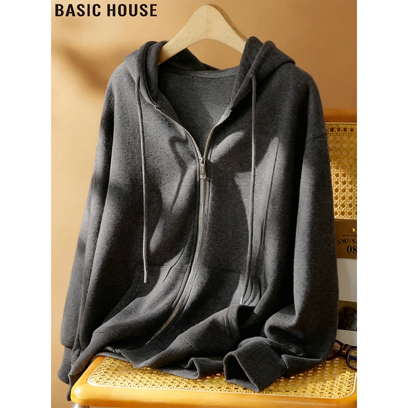 Basic House/百家好灰色长袖连帽卫衣外套宽松开衫上衣女2026秋季