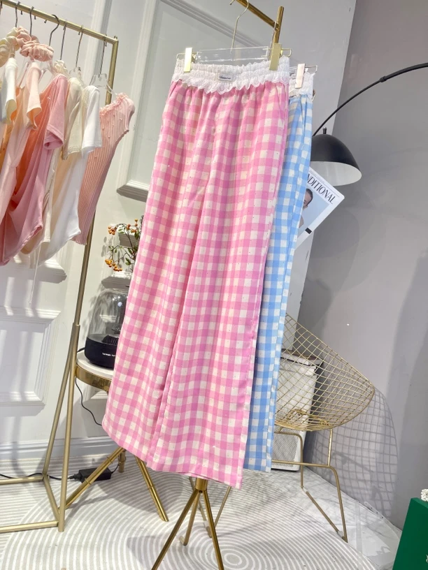 粉色格子烫钻蕾丝腰设计感直筒裤格纹百搭洋气少女减龄薄款休闲裤