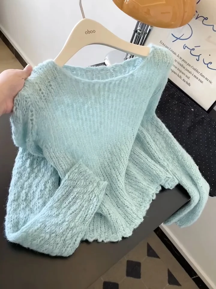 蓝色长袖外穿套头毛衣女士小个子慵懒风高级感针织衫上衣2025新款