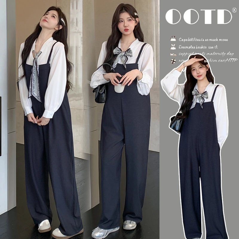 时髦孕妇装新款背带裤可调节肩带加丝巾衬衣春秋显瘦牛仔时尚套装