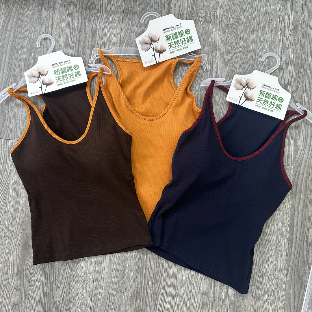 【一体式乳胶胸垫】螺纹棉挂脖吊带背心女秋季美背多巴胺撞色2703